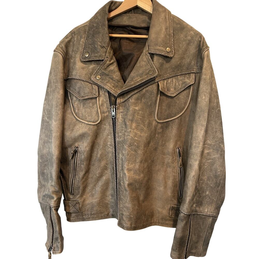 Vintage Distressed Brown Leather Biker Jacket - Heavyweight Moto - Fits Mens 2XL
